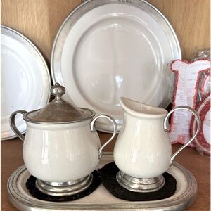 ARTE ITALICA  sugar creamer and under plate all ceramic and pewter original box
